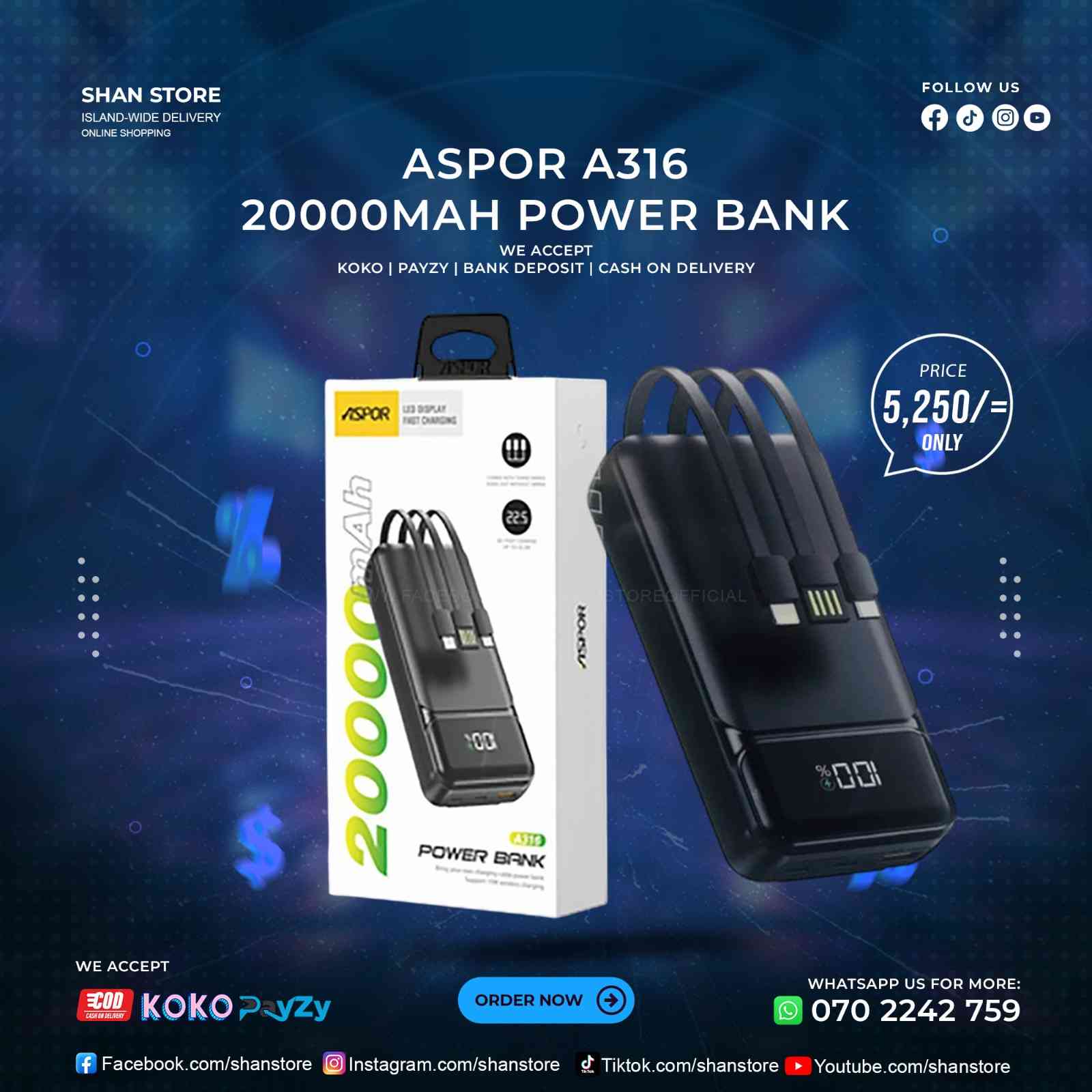 Aspor A316 20000mAh Power Bank Shan Store