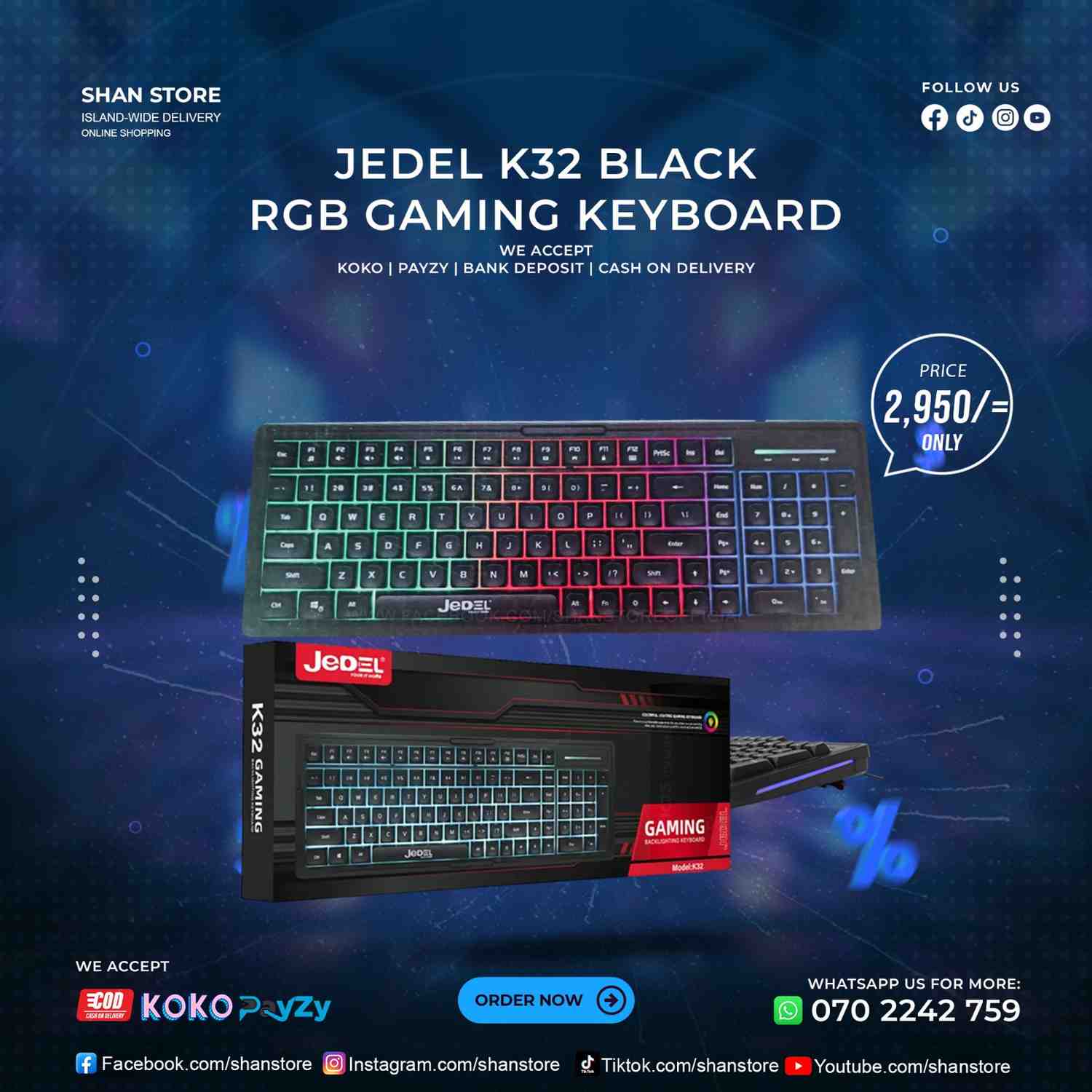 Jedel K32 Black RGB Gaming Keyboard Shan Store
