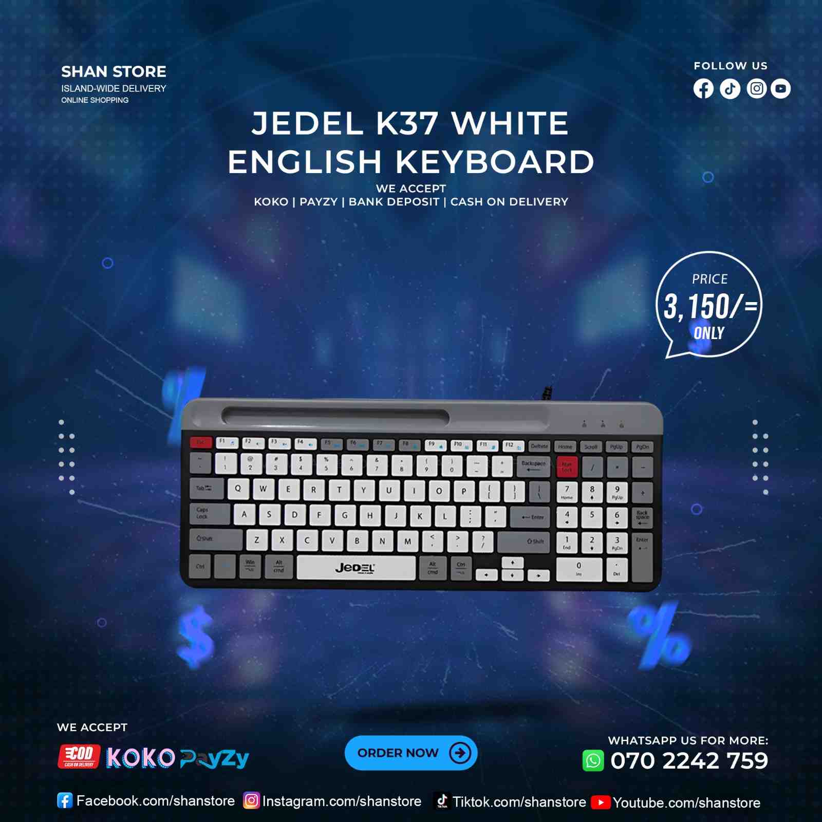 Jedel K37 White English Office Keyboard Shan Store