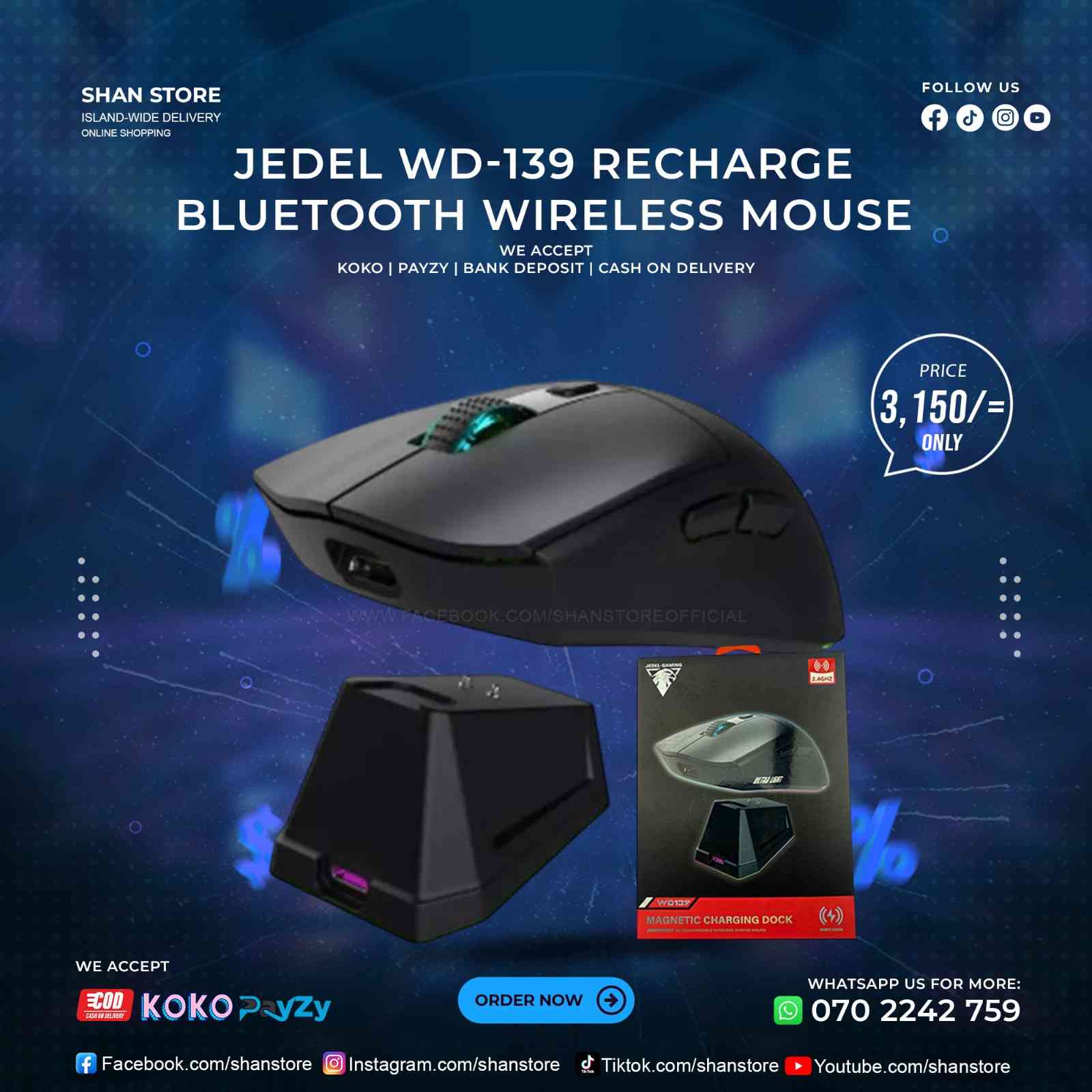 Jedel WD139 RGB Rechargeable Bluetooth Wireless Mouse WIth Charging Doc Shan Store