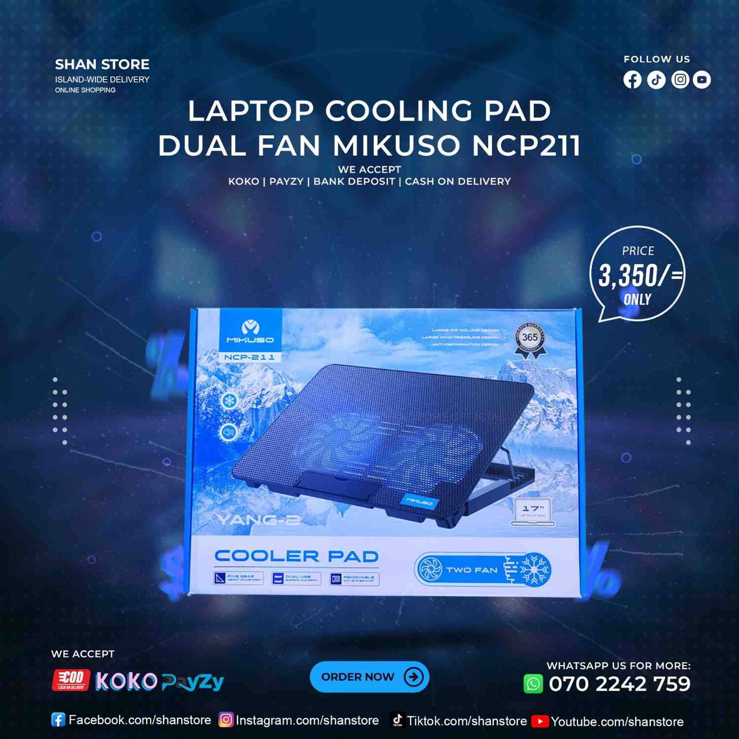 Mikuso NCP211 Laptop Cooling Pad Dual Fan 2 USB Shan Store