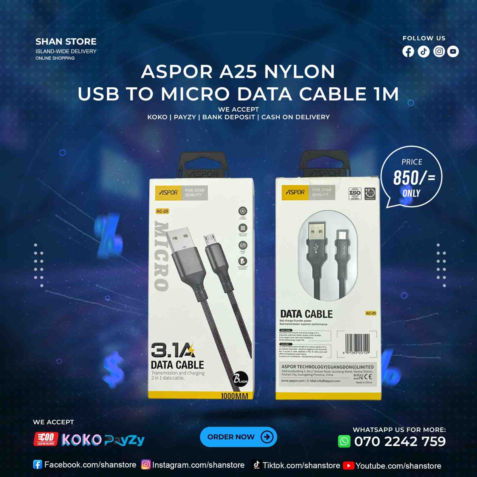 USB To Micro Data Cable 1M Length Aspor A25
