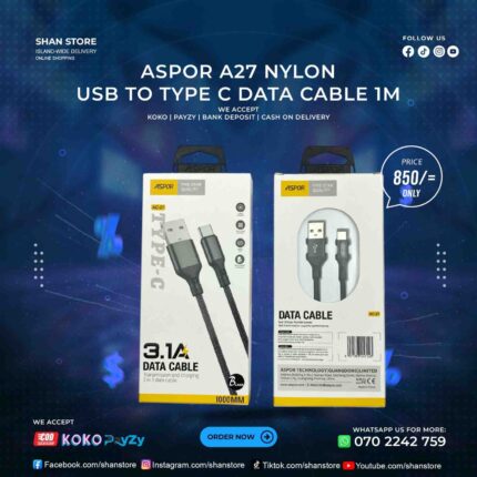 USB To Type C Data Cable 1M Length Aspor A27
