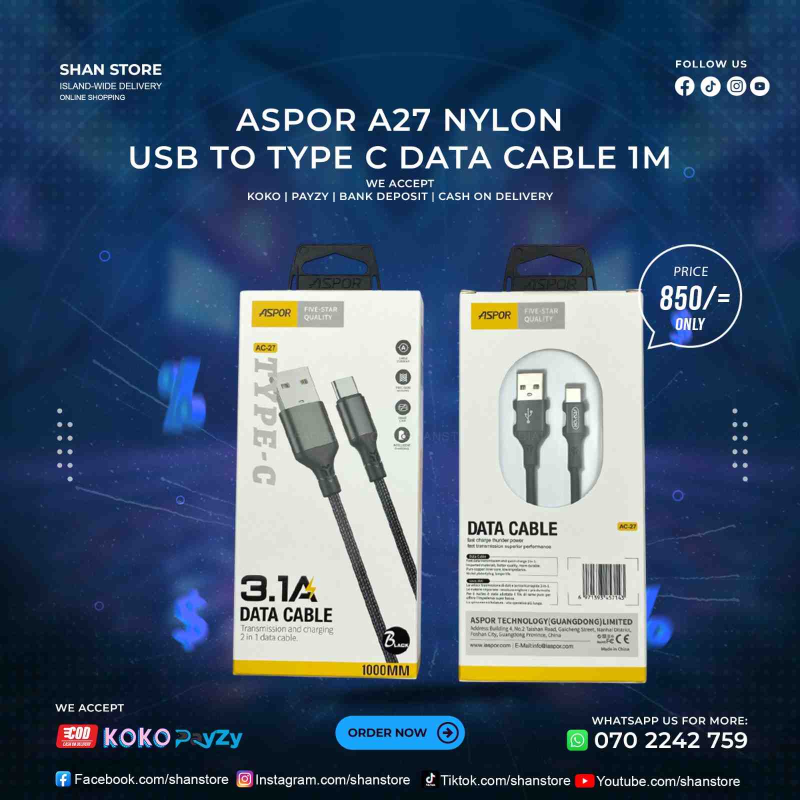 USB To Type C Data Cable 1M Length Aspor A27