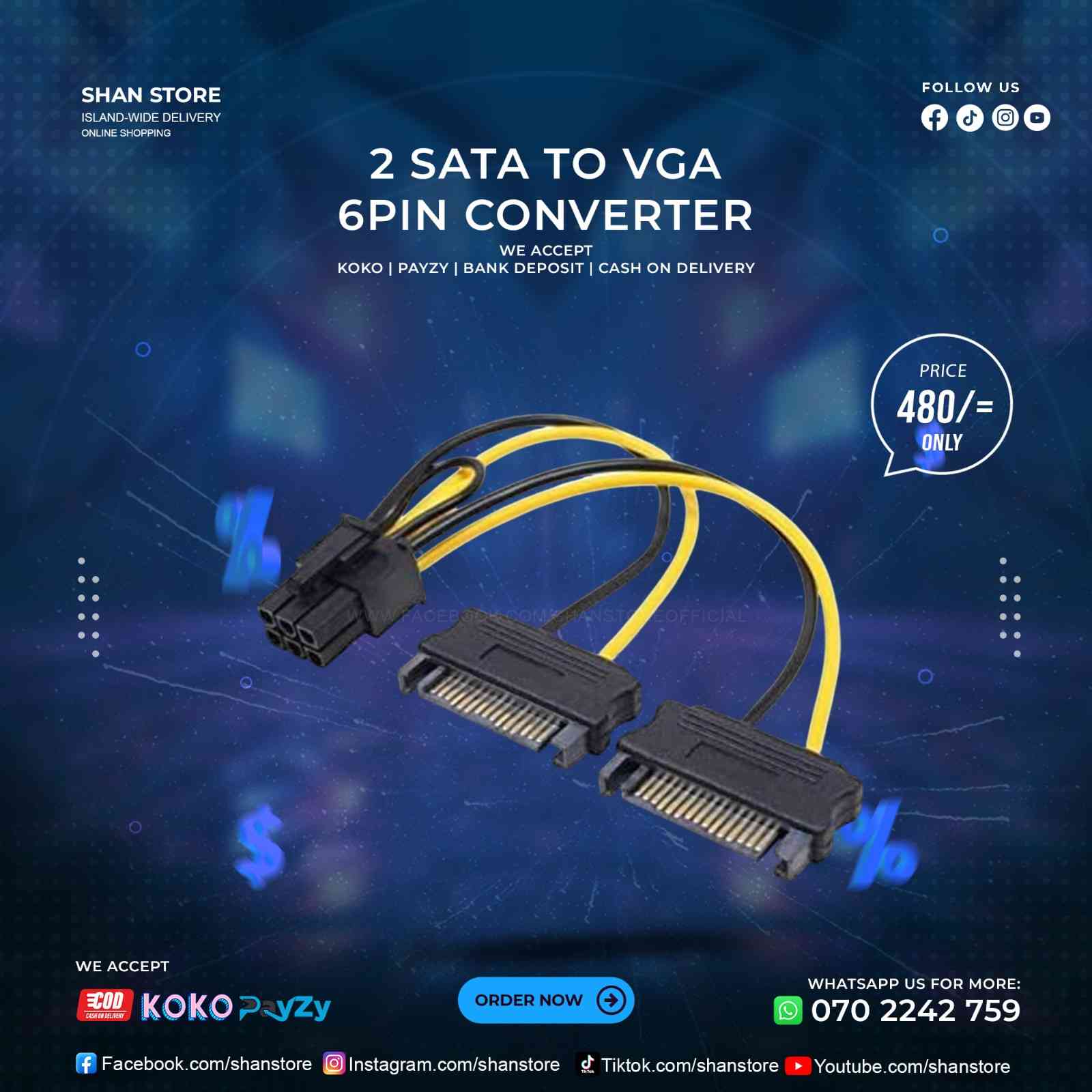 2 SATA To VGA 6 Pin Power Converter Cable