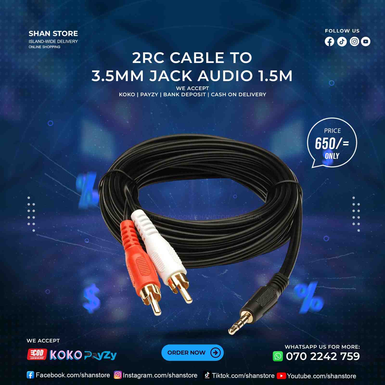 2RC Cable To 3.5mm Jack Audio 1.5m Length