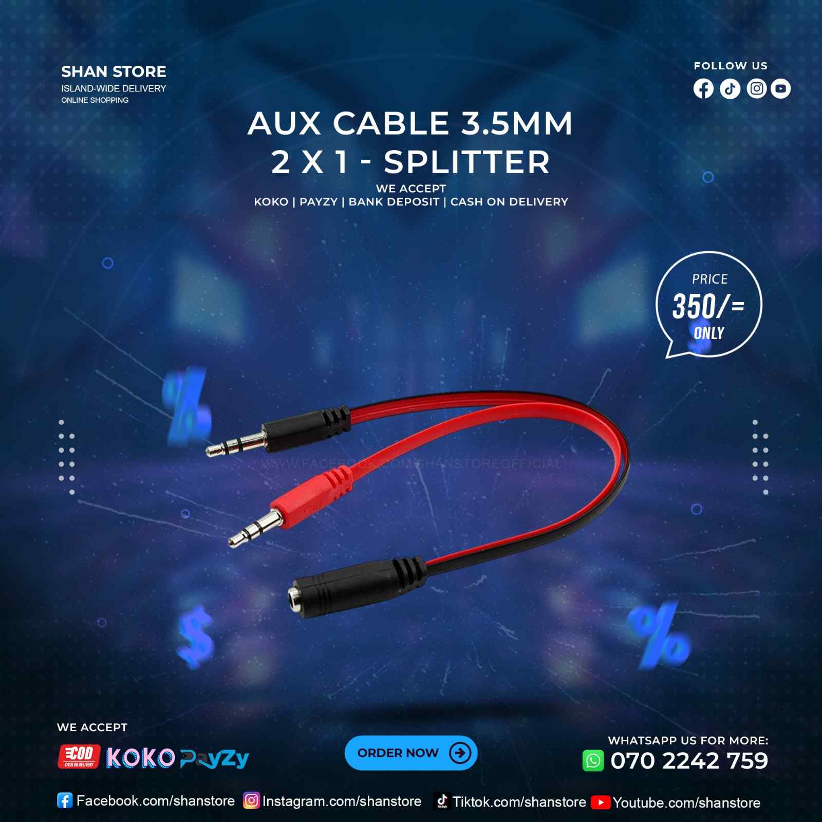 3.5mm AUX Cable Splitter Female To 2 Male