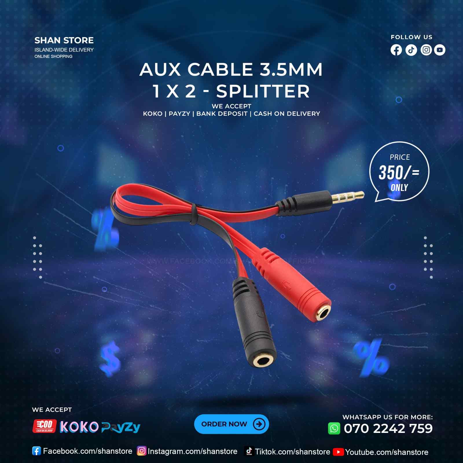 3.5mm AUX Cable Splitter Male To 2 Female