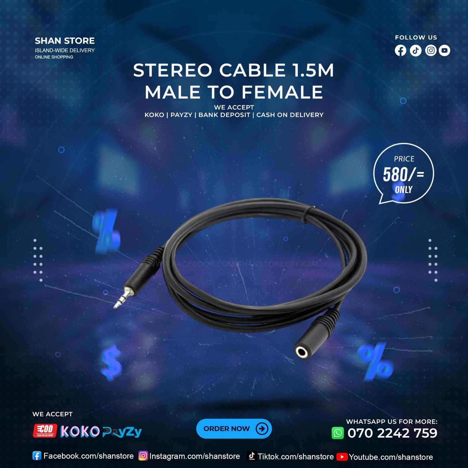 AUX Stereo Cable Male To Female 1.5M