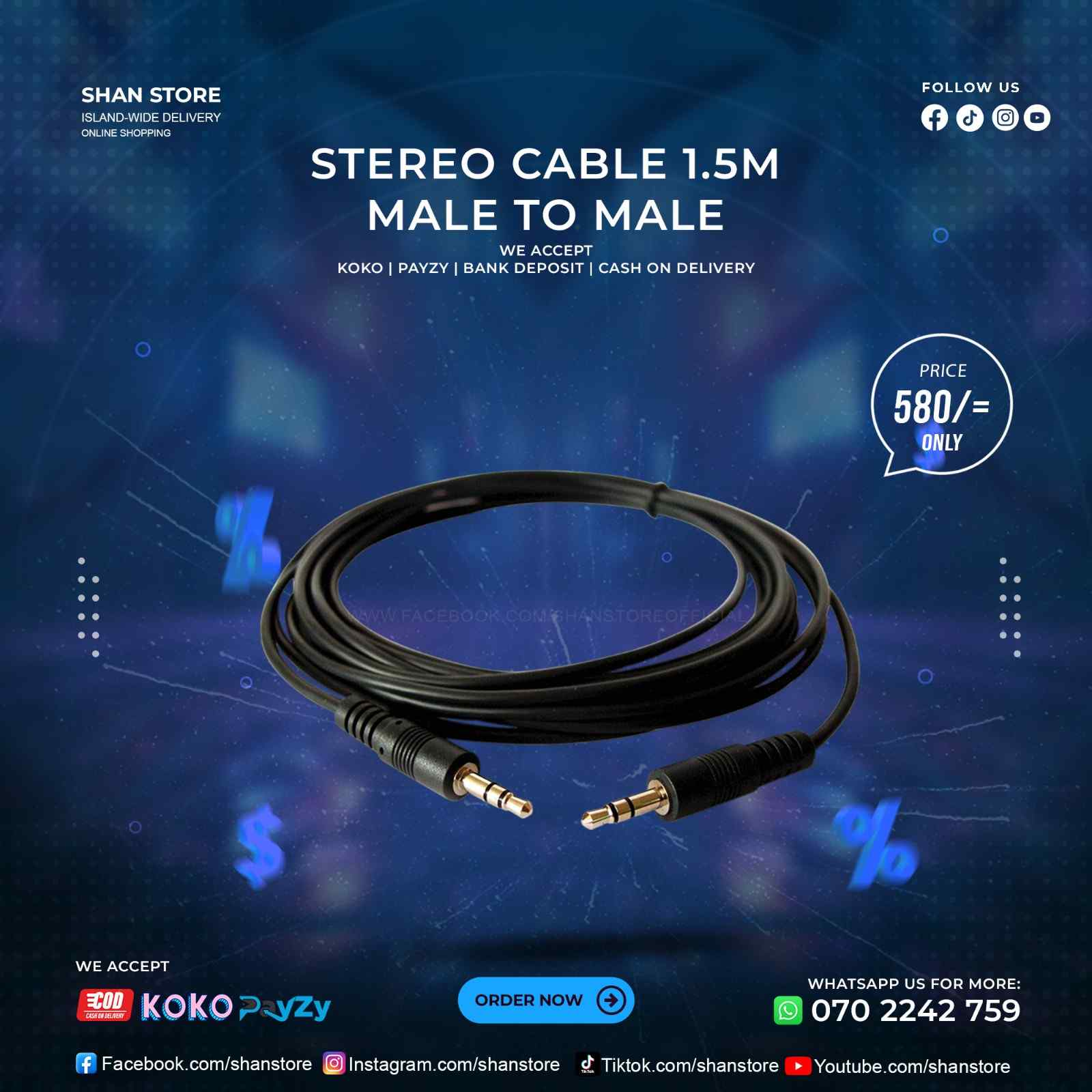 AUX Stereo Cable Male To Male 1.5M