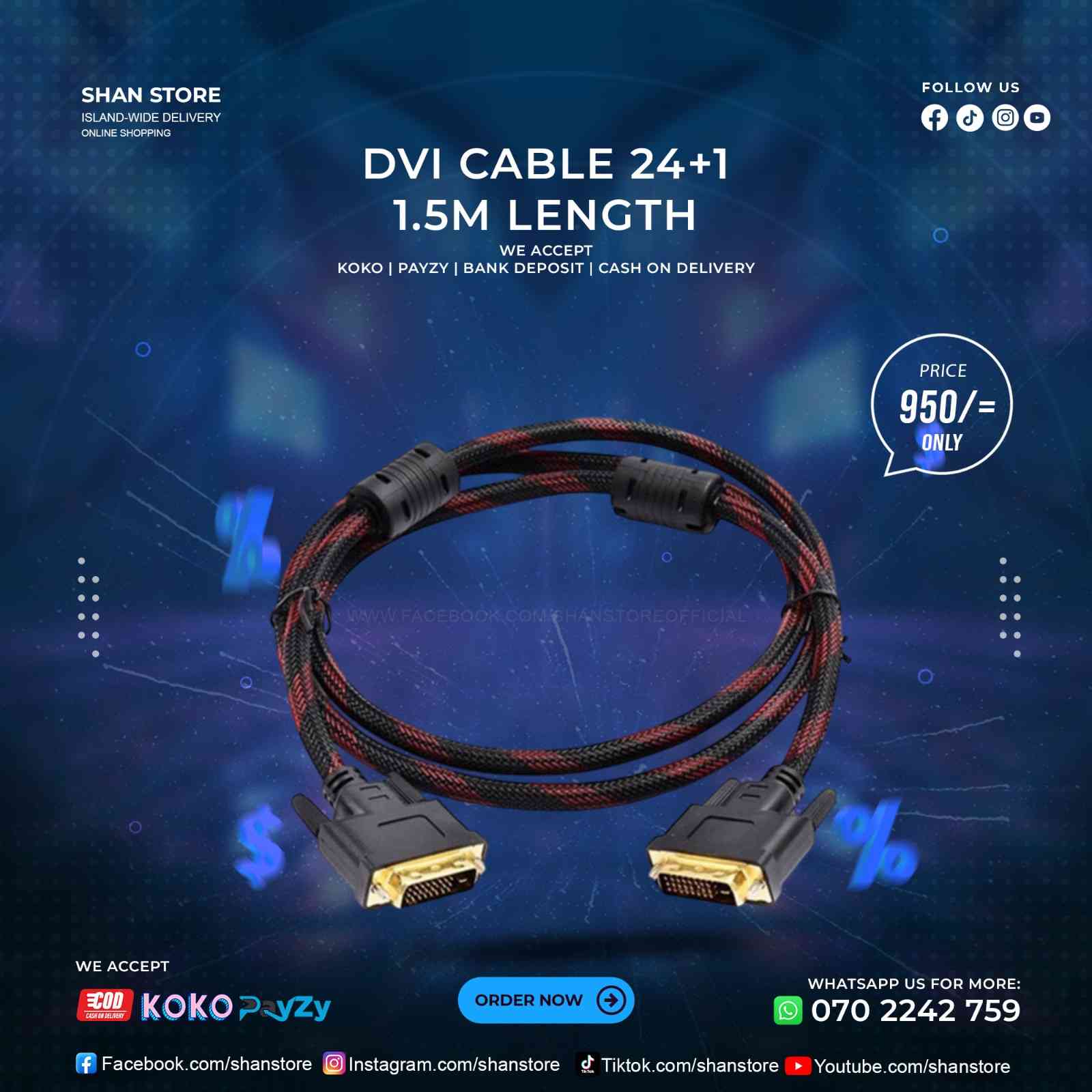 DVI Cable 24+1 Port 1.5M Length