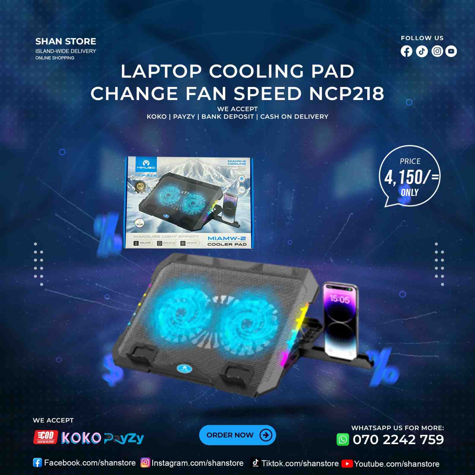 Mikuso NCP218 RGB Laptop Cooling Pad Dual Fan Change Fan Speed Shan Store