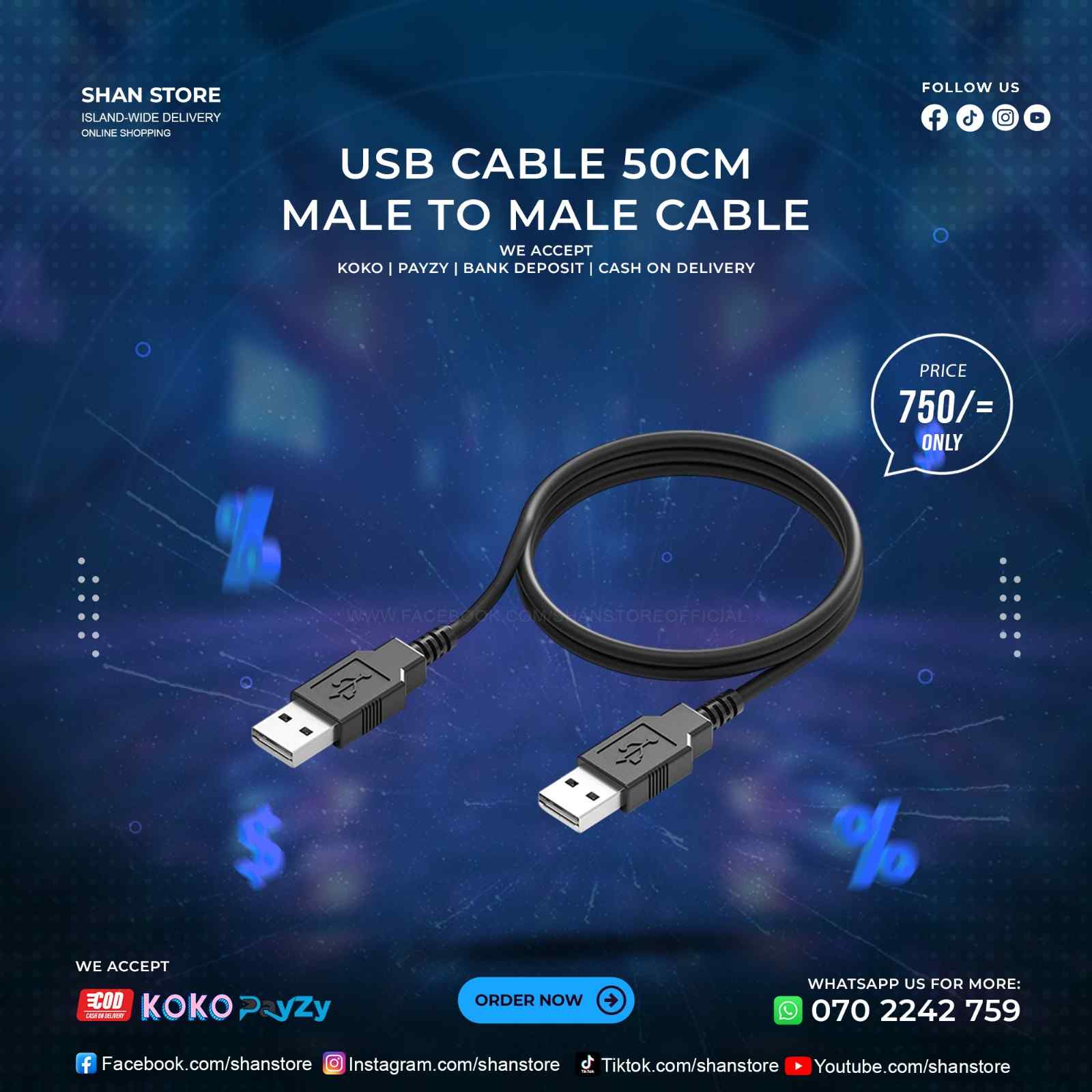 USB Cable 50CM Male To Male