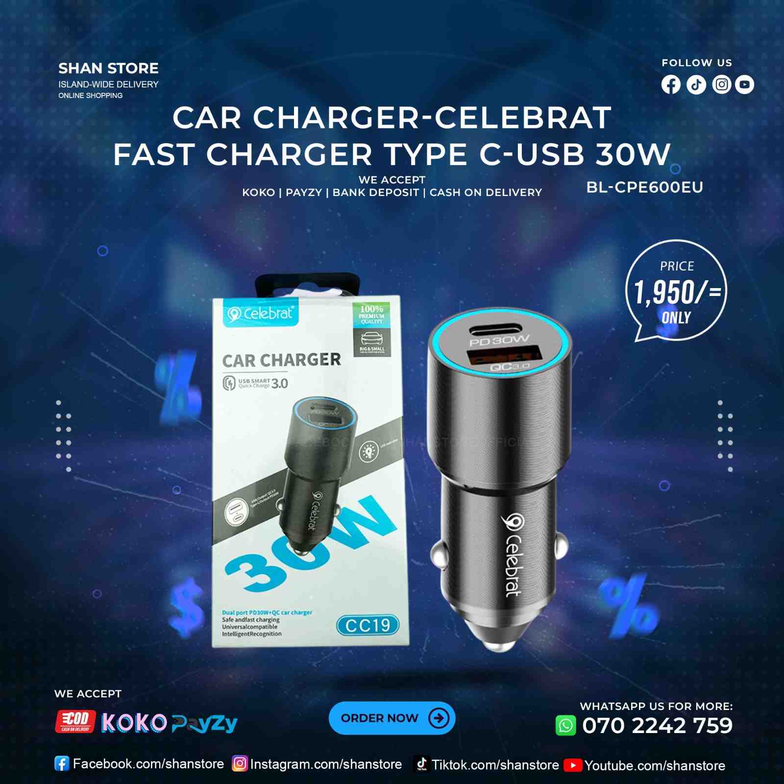 Car Charger Fast Charger 30W Type C USB Output Celebrat