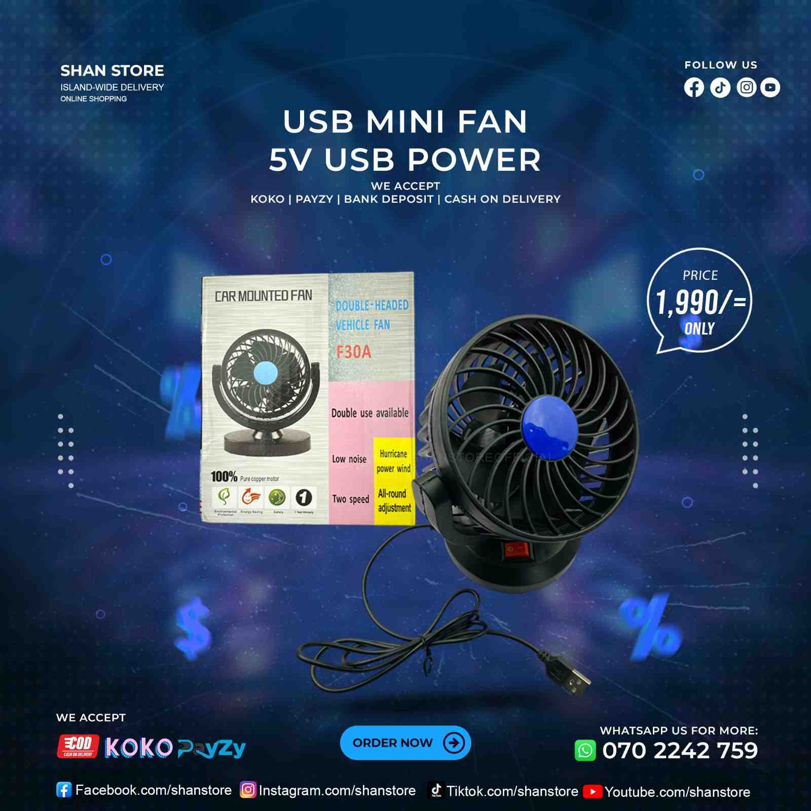 USB Mini Fan 5V USB Power For PC Laptop Vehicle