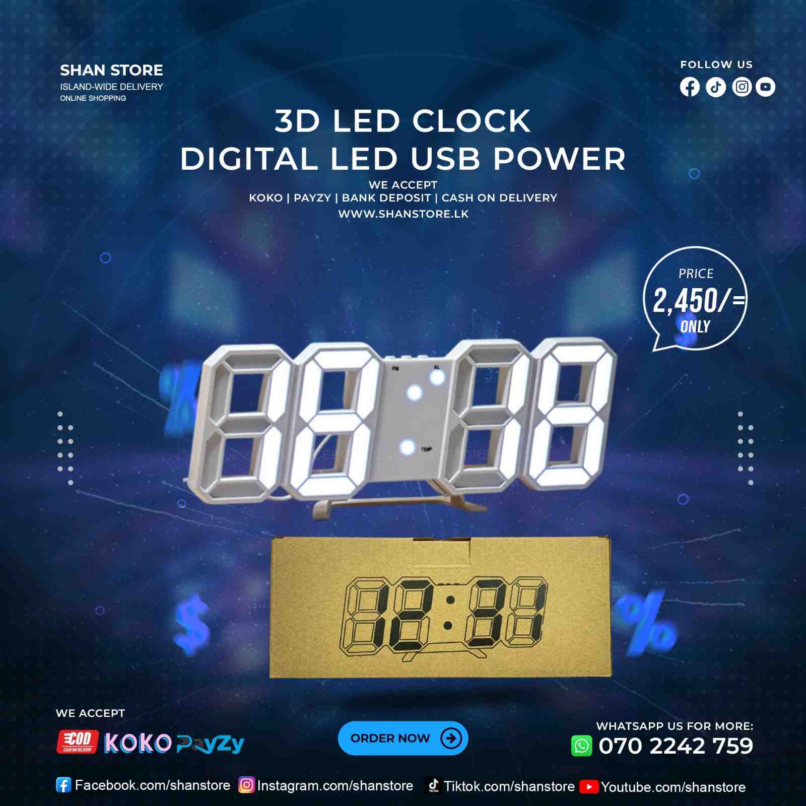 3D LED Digital Clock For Desk Wall USB Power