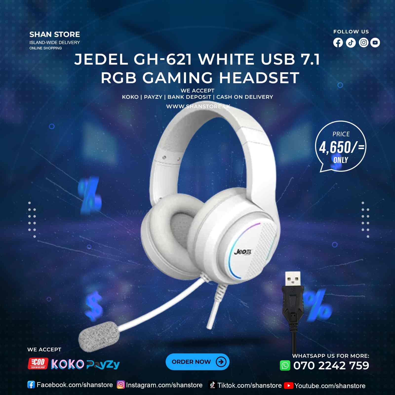 Jedel GH-621 USB7.1 RGB Gaming Headset White Color Jedel GH-621 USB7.1 RGB Gaming Headset White Color